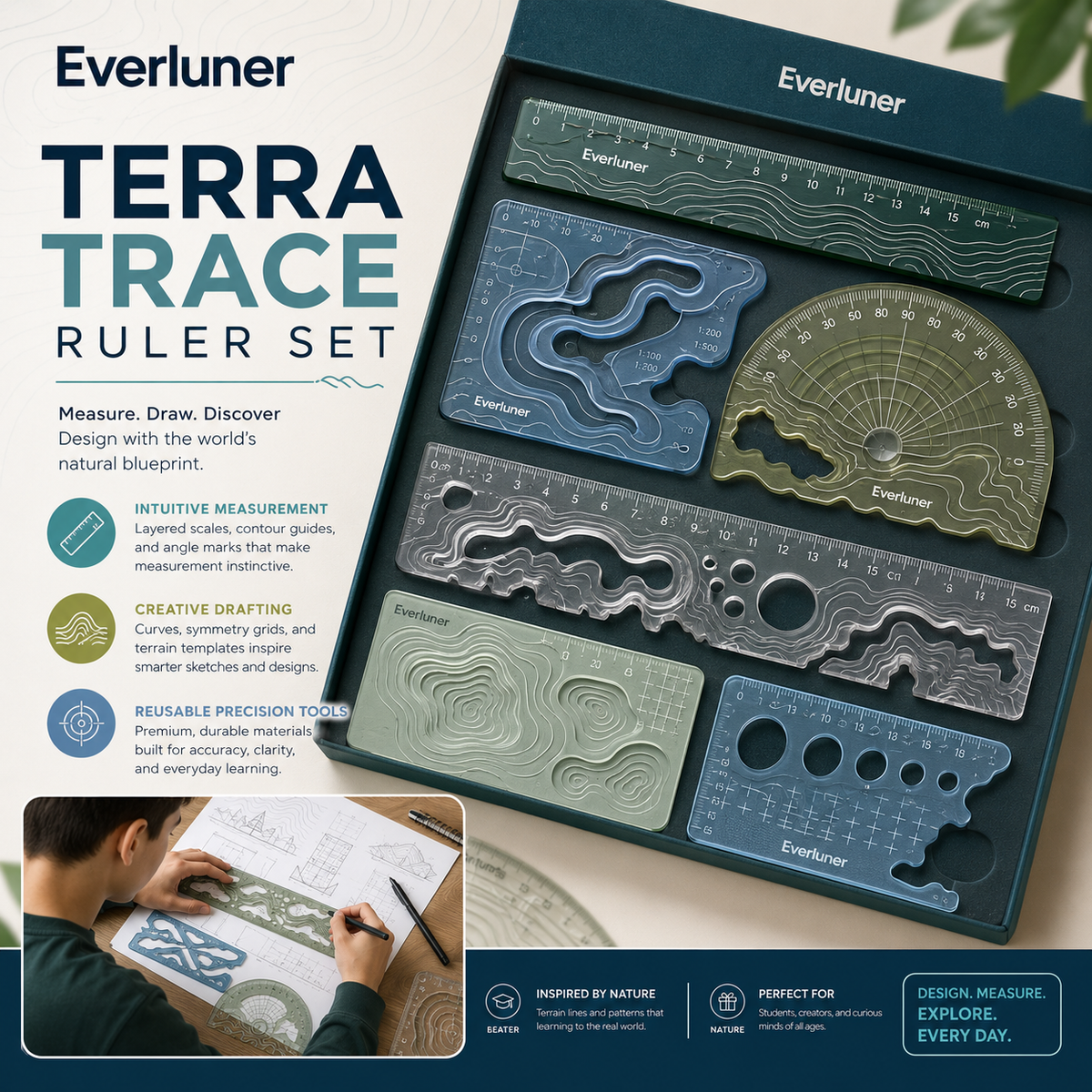 Everluner™ Terra Trace Ruler Set — Landscape Pattern Drawing Kit
